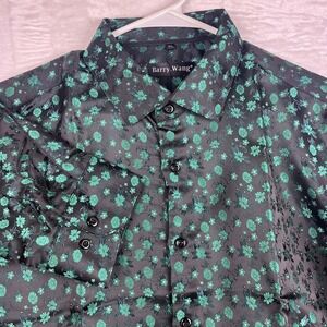 Barry Wang Shirt Mens XL Black Green Floral Long Sleeve Button Up
